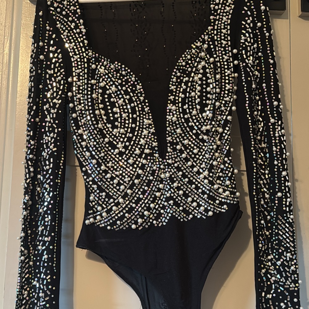 Elegant Black Beaded Women's Bodysuit